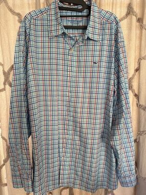 Vineyard Vines Light Blue and Red Plaid Long-Sleeve Button-Up Shirt